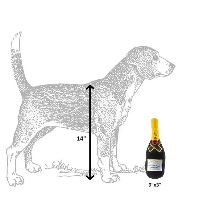 Illustration of a dog with 14-inch height and a 9x3 inch champagne bottle toy for dogs