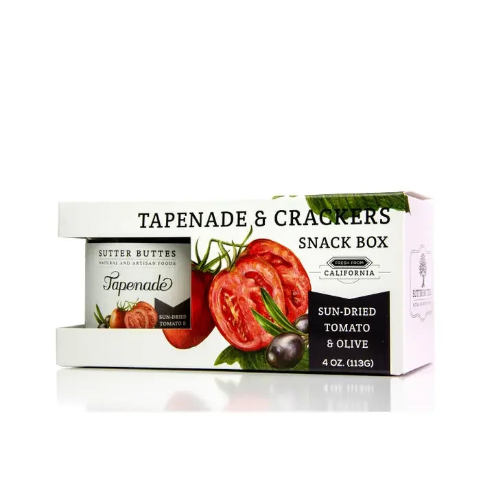 Sutter Buttes Tapenade and Crackers snack box with sun-dried tomato and olive, fresh California produce