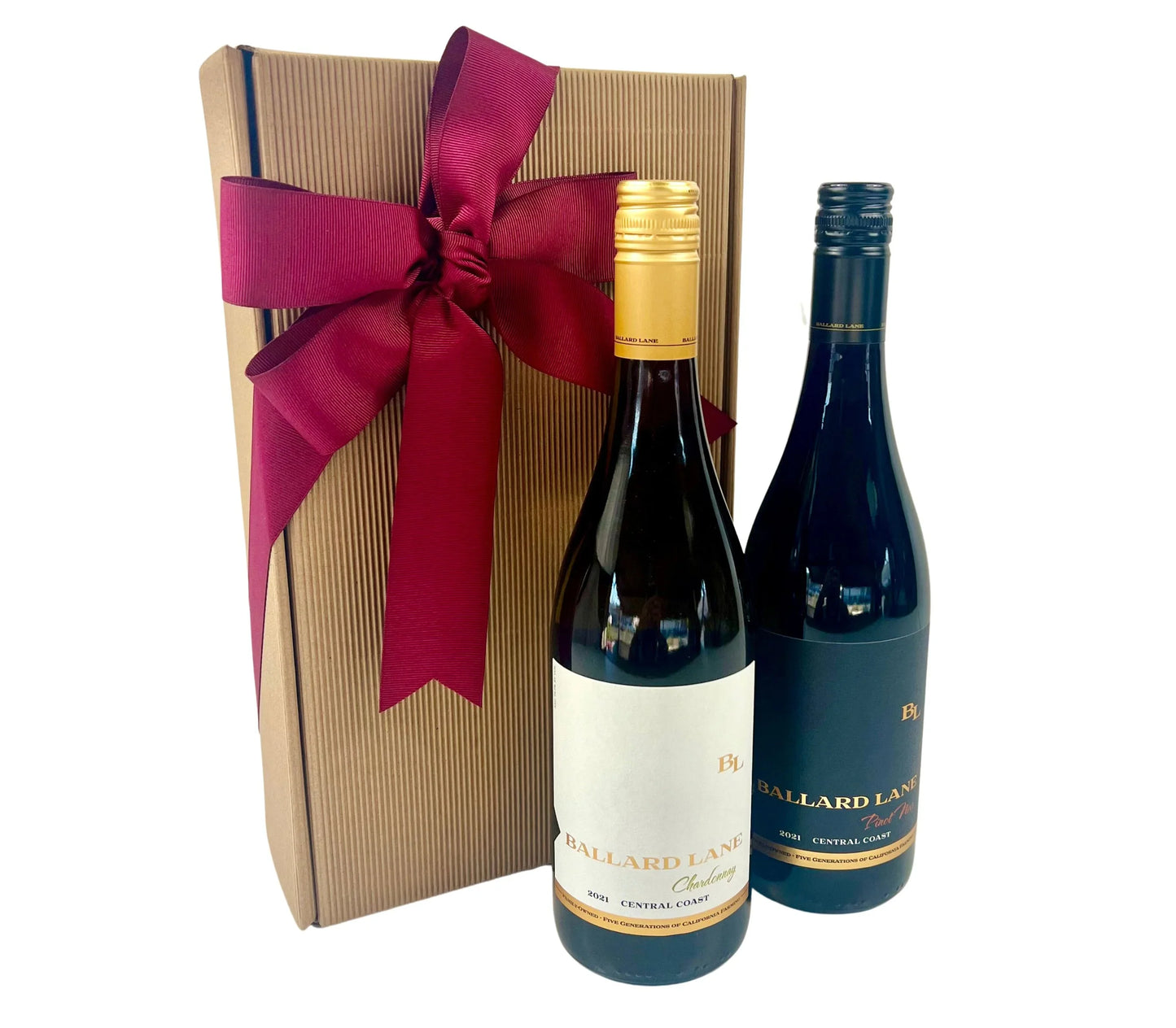 Two Ballard Lane 2021 Central Coast wine bottles with a brown gift box and red ribbon bow