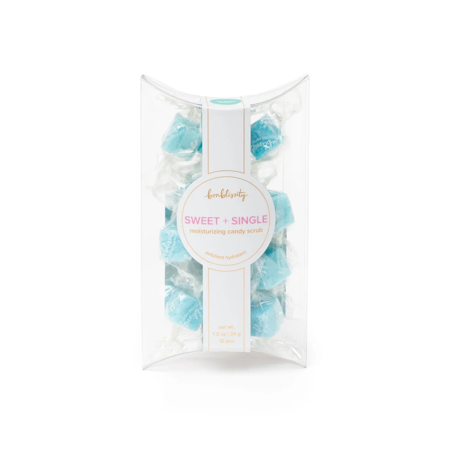 Bonblissity Sweet + Single moisturizing candy scrub in clear pillow box with blue candy pieces