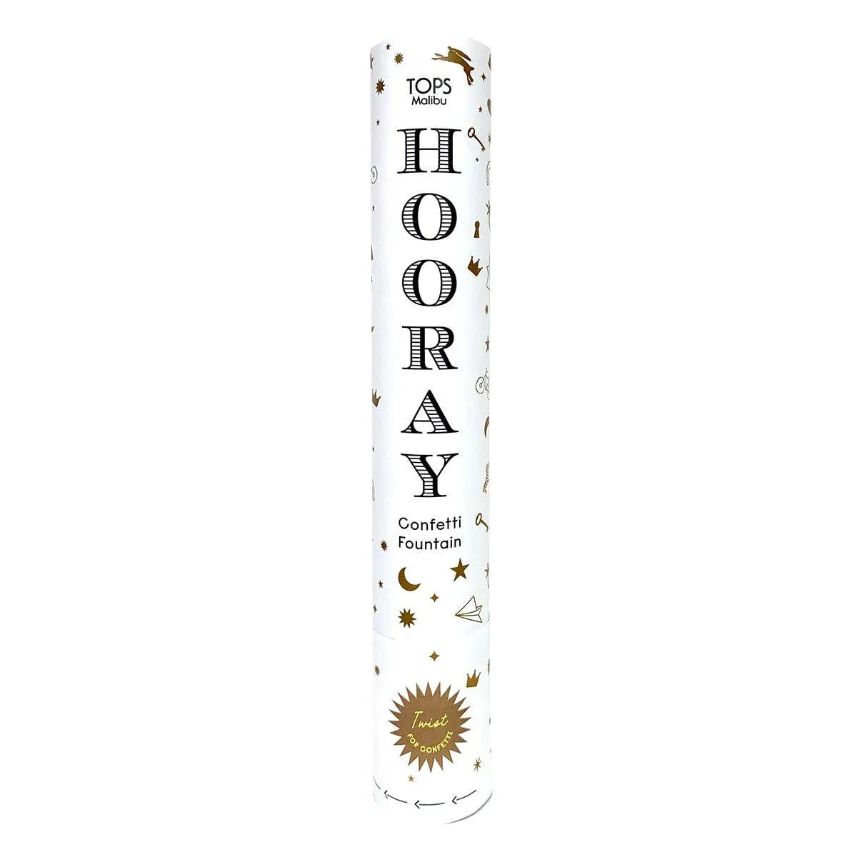White party confetti fountain tube with gold stars, moon, crown, and 'Hooray' text