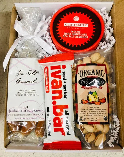 Gift box with Clif Family dark chocolate sea salt almonds, Ivan.bar macadamia nut seed bar, organic Santa Barbara pistachios, and sea salt caramels