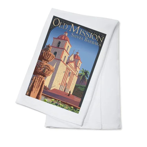 White towel featuring vintage-style illustration of Old Mission Santa Barbara with clear sky and palm tree