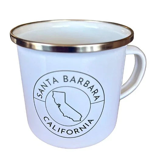 White metal camping coffee mug with silver rim featuring Santa Barbara California logo and state outline