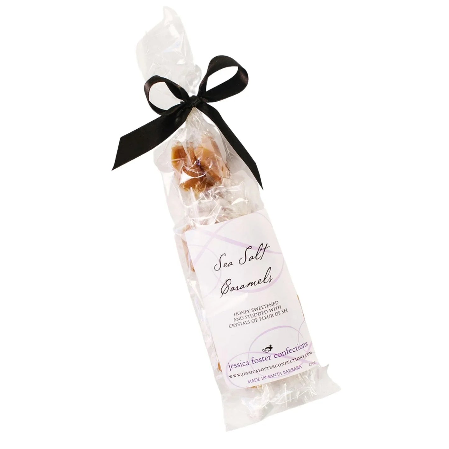 Jessica Foster Confections sea salt caramels in clear bag with black ribbon, honey sweetened candy